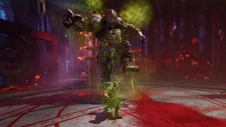 A hulking pale creature stands in a poison cloud over blood-red ritual markings inside a dark chamber